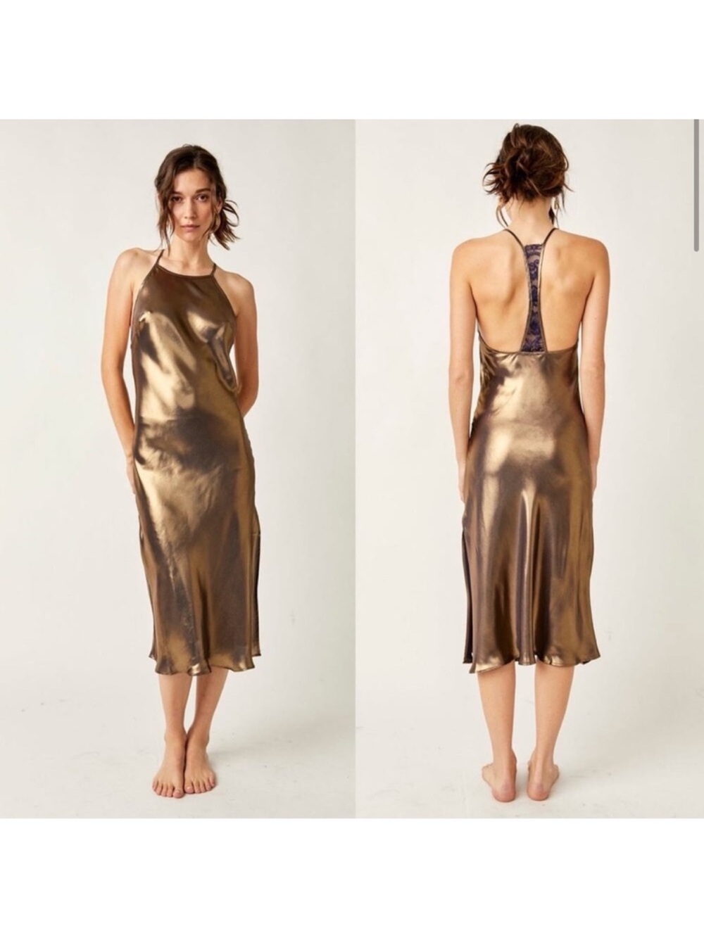 Free People Gold Lace Back Sunset Shimmer Metallic Satin Midi Slip Dress Gold